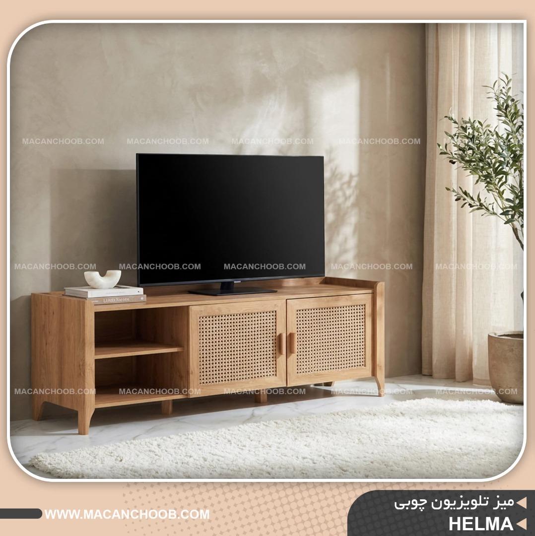 میز تلویزیون چوبی خود رنگ نچرال با درب های حصیر بامبو مدل HELMA 